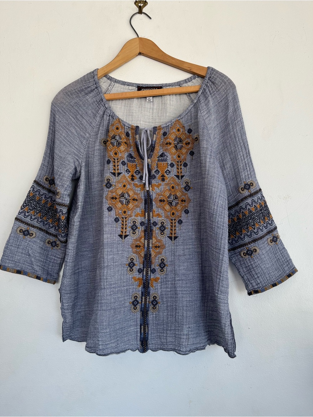 Johnny Was Workshop Amika Peasant Embroidered Blouse Blue And Orange Sz XS